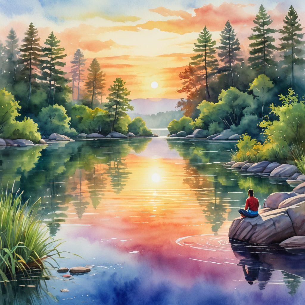 A serene landscape depicting a tranquil lake surrounded by lush greenery, reflecting the vibrant colors of a sunrise. In the foreground, a person sits meditating on a rock, embodying joy and contentment, with gentle ripples on the water symbolizing gratitude. Soft light illuminates the scene, enhancing the peaceful ambiance. watercolor painting. vibrant colors. tranquil atmosphere.