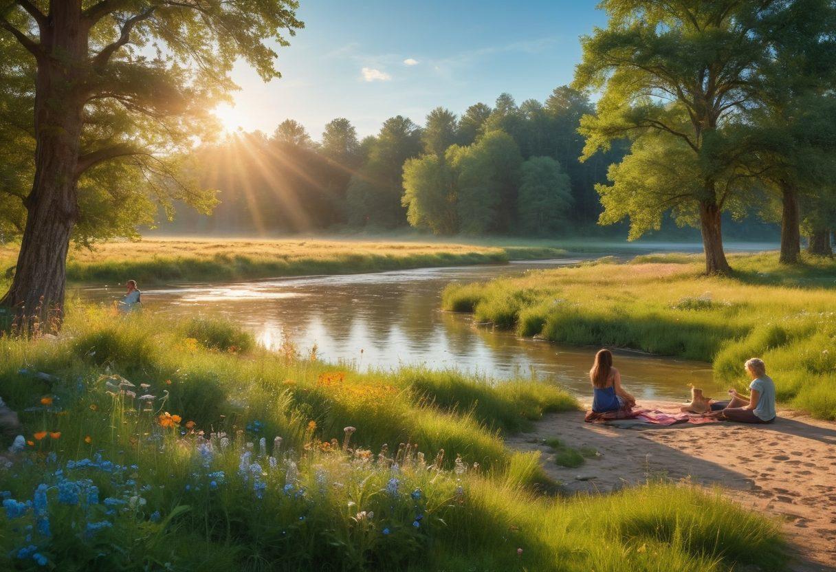 A serene landscape featuring a sunlit meadow adorned with wildflowers, where diverse groups of people are engaged in joyful activities like laughter, picnics, and playing games. In the background, a gently flowing river reflects a bright blue sky. The overall atmosphere is vibrant and filled with warmth, signifying joy and contentment in everyday moments. super-realistic. vibrant colors. soft lighting.