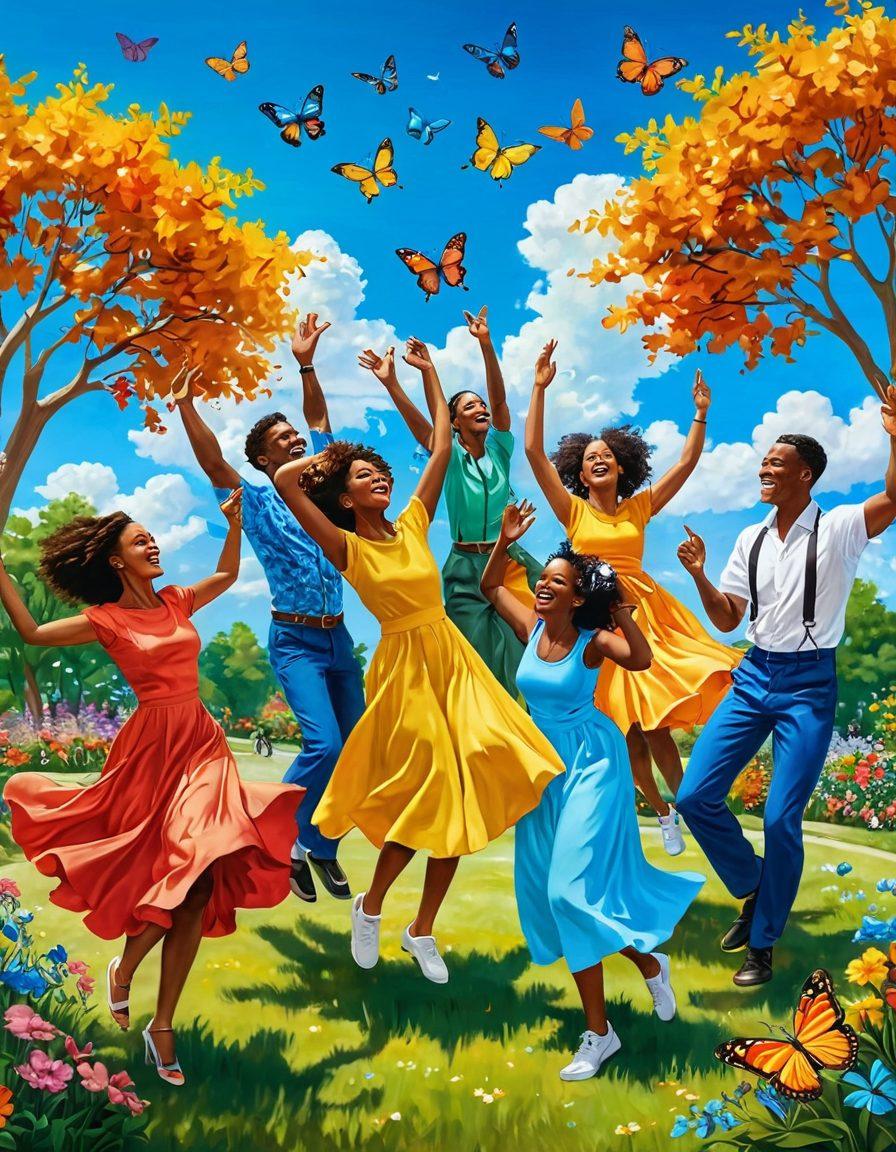 A whimsical scene depicting a diverse group of people joyfully dancing in a sunlit park, surrounded by colorful flowers and playful butterflies. Each person radiates happiness, wearing vibrant clothing, and engaging in lighthearted activities such as juggling and playing musical instruments. The background features a bright blue sky with fluffy clouds, symbolizing freedom and positivity. The overall vibe should exude warmth and cheerfulness. vibrant colors. super-realistic.